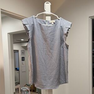 Monteau Blue and White Striped Ruffle Blouse